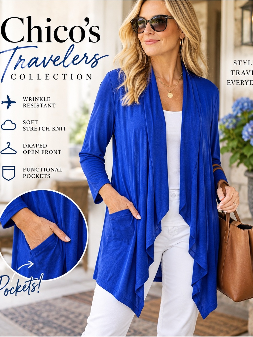 Chico’s Travelers Size 2 Royal Blue Draped Open Front Cardigan Pockets